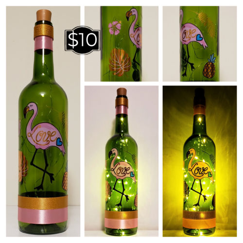 Photo grid of a bottle light with a flamingo and "Love".