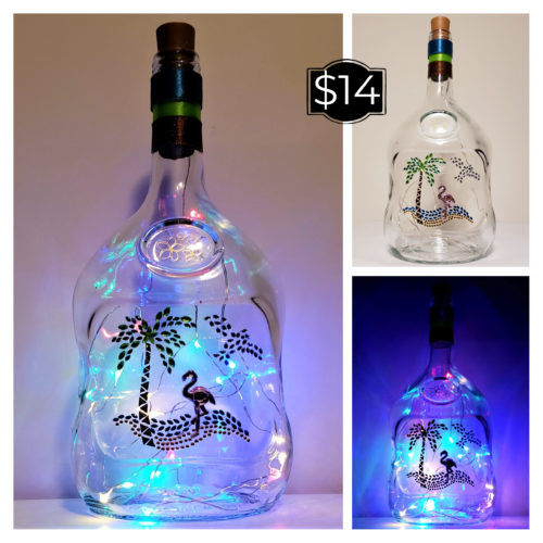 Photo grid of a bottle light with a jewelled beach scene including a palm tree, flamingo, surf and bird.