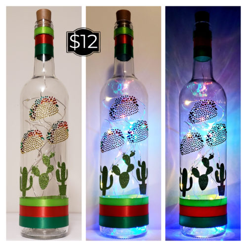 Photo grid of a bottle light with three jewelled tacos and sparkly green cacti.