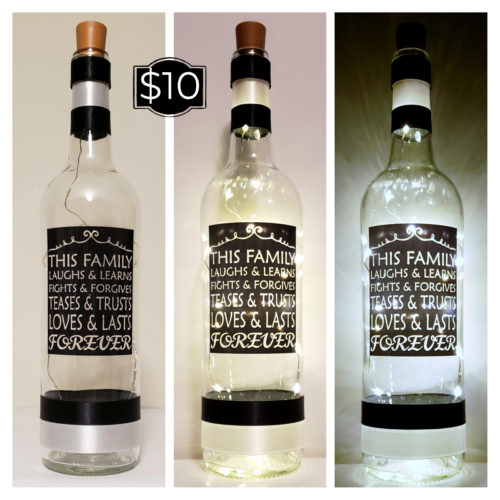 Photo grid of a bottle light with "This family laughs & learns, Fights & Forgives, Teases & Trusts, Loves & Laughs, Forever".