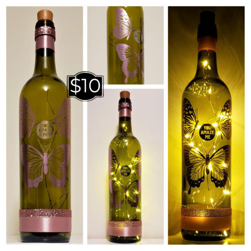 Photo grid of a bottle light with matte metallic pink butterflies and "You amaze me".