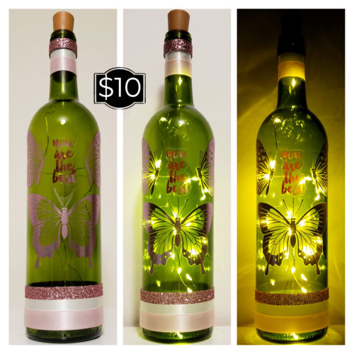 Photo grid of a bottle light with the phrase, "You are the best", surrounded by three metallic pink butterflies.
