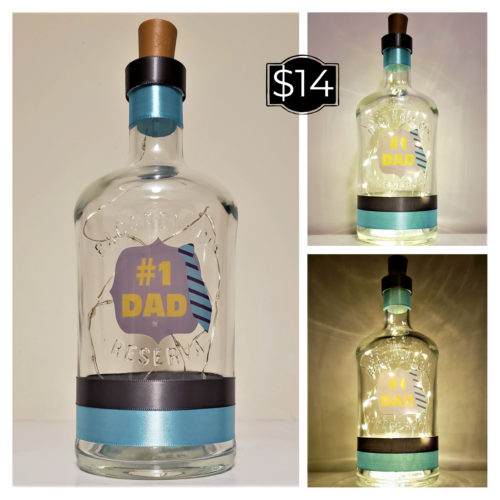 Photo grid of a bottle light with "#1 Dad".