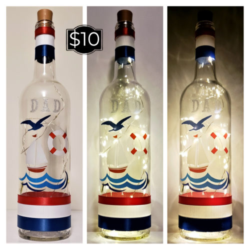 Photo grid of a bottle light featuring "Dad", a sailboat, bird, waves and life preserver.