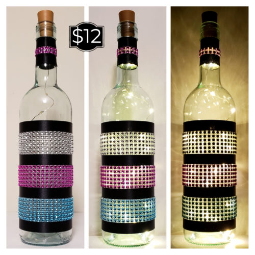 Photo grid of a bottle light with three sections of jewelled wrap.