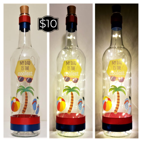 Photo grid of a Father's Day bottle light with a beach scene and "My dad is the coolest."