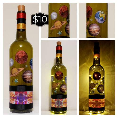 Photo grid of a bottle light with planets and a psychedelic wrap.