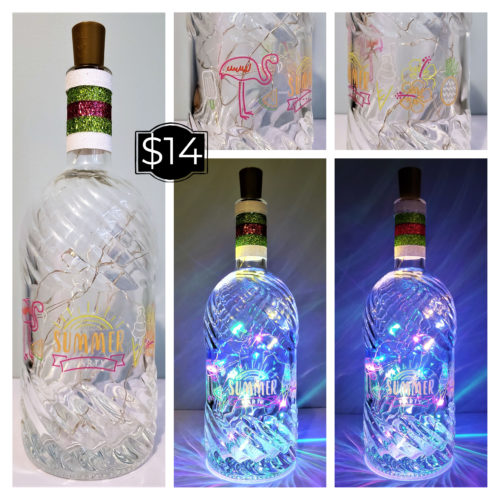 Photo grid of a bottle light with "Summer Party", flamingo, ice cream, flowers and more.