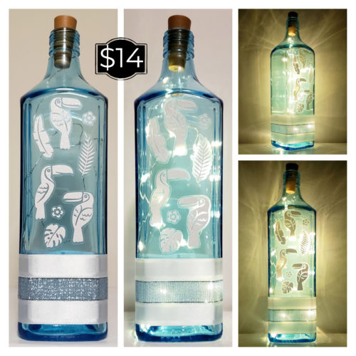 Photo grid of a bottle light with sparkly white toucans and leaves.