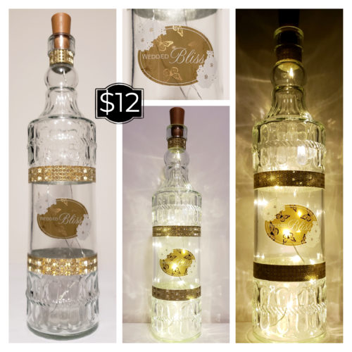 Photo grid of a wedding bottle light featuring "Wedded Bliss" and white flowers.