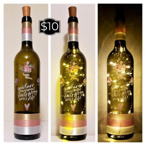 Photo grid of a bottle light with pastel flowers and "You have my whole heart for my whole life".