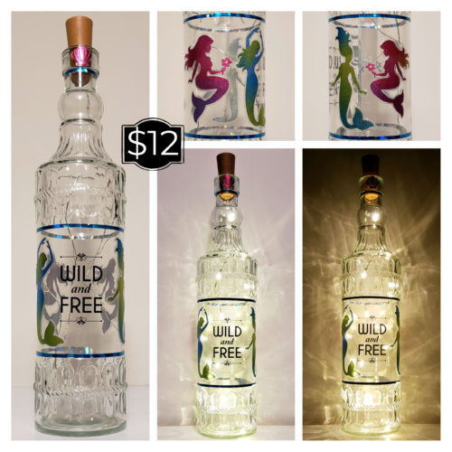 Photo grid of a bottle light with four mermaids and "Wild and Free".