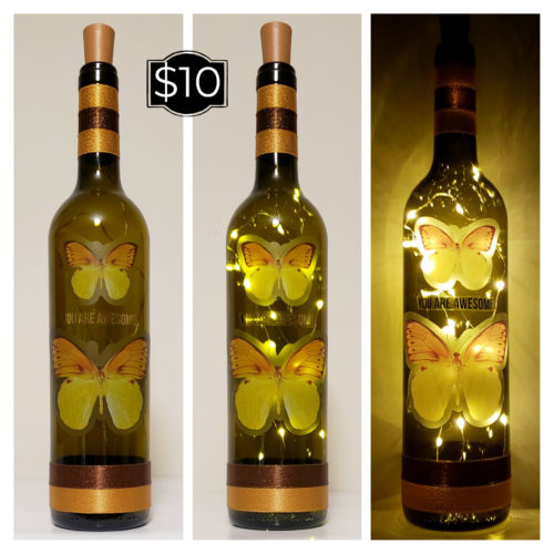 Photo grid of a bottle light featuring two yellow and orange butterflies and "You are awesome" in the middle.