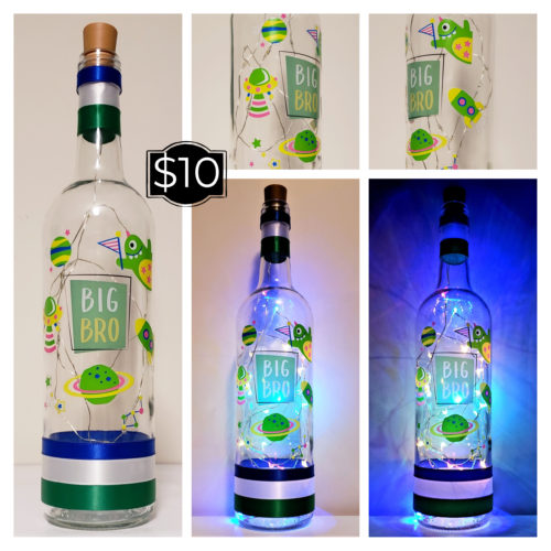 Photo grid of a bottle light featuring space monsters and the words, "Big Bro".