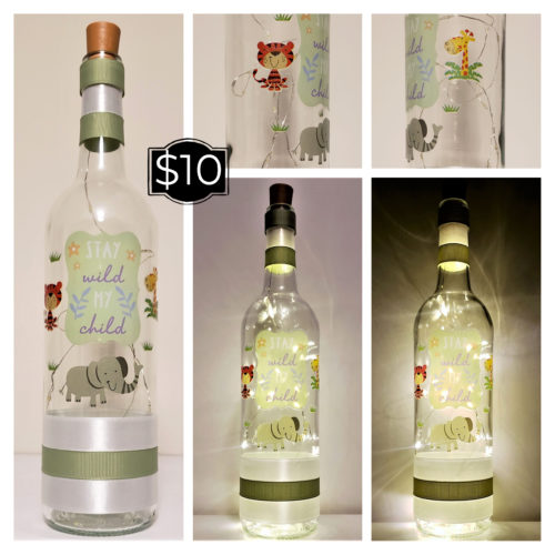 Photo grid of a baby or child's bottle light featuring jungle animals and the phrase, "Stay wild my child".