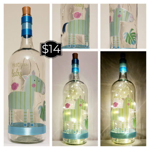 Photo grid of a bottle light with a large zebra and the words, "Precious Baby".