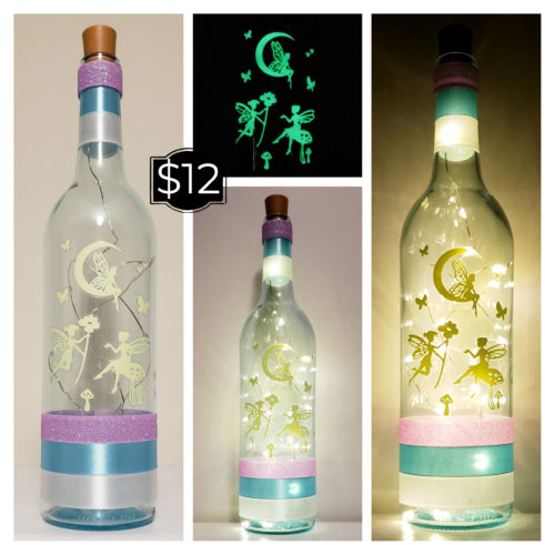 Photo grid of a bottle light with glow in the dark fairies.