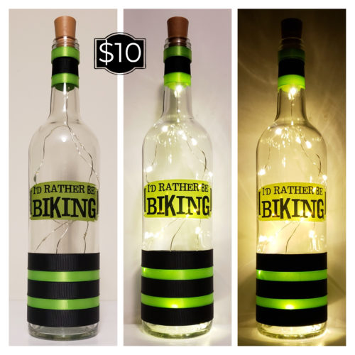Photo grid of a bottle light with the phrase, "I'd rather be biking", with a green background.