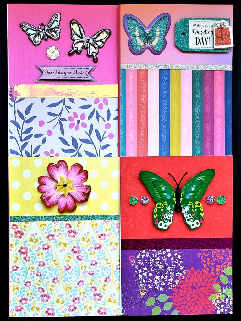 Four pack of birthday and mixed use cards with butterflies and flowers.