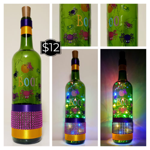 Photo grid of a bottle light featuring multicoloured spiders and "Boo!" in the centre, perfect for Halloween.
