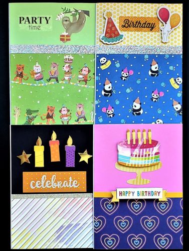 Four pack of adult and kids birthday cards with cakes, candles, pandas and animals.
