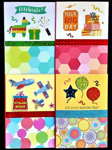 Four pack of adult and kids birthday cards with balloons, presents, piñata and more.