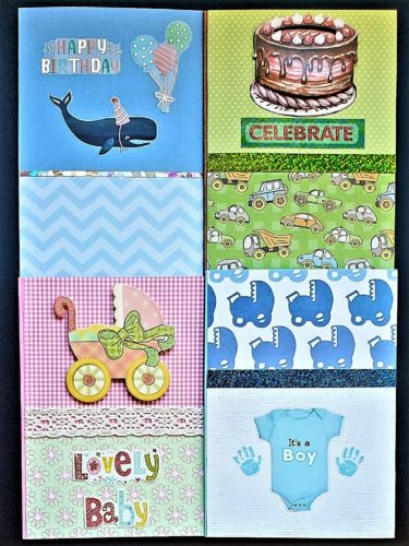 Four pack of kids birthday and new baby cards with trucks, whales, carriage and onesie.