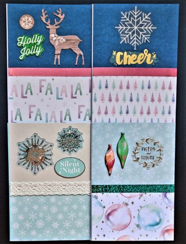 Four pack of Christmas cards in the sugarplum prints, featuring ornaments, trees, snowflakes and "Fa la la la la".