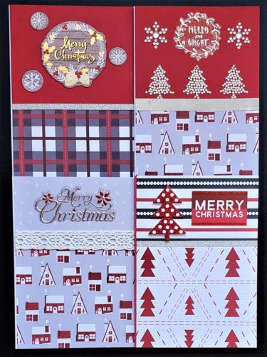 Four pack of Christmas cards in mixed red, white and grey prints, including trees, snowy villages and classic plaid.