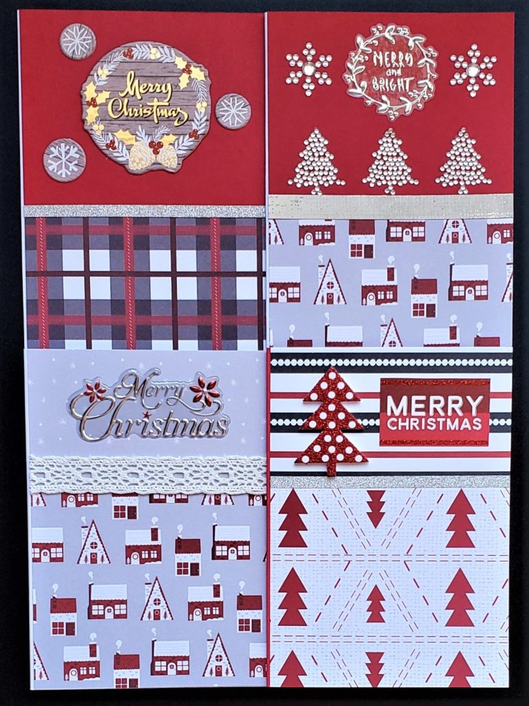 Four pack of Christmas cards in mixed red, white and grey prints, including trees, snowy villages and classic plaid.