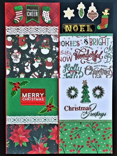 Four pack of Christmas cards with mixed prints in green, red, white and black, featuring snowmen, ornaments, poinsettias, and more.
