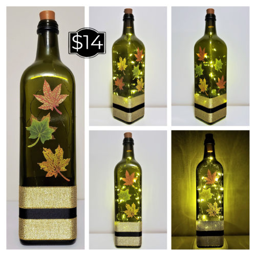 Photo grid of a bottle light decorated on three sides with fall leaves.