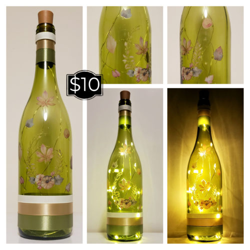 Photo grid of a bottle light with fall foliage and pumpkins.
