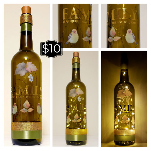 Photo grid of a bottle light with fall leaves and birds, and the phrase, "Family: Love begins at home".