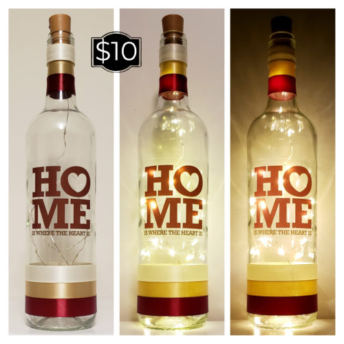 Photo grid of a bottle light with the phrase, "Home is where the heart is".