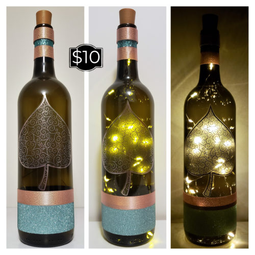Photo grid of a bottle light with a metallic spade leaf and a pink and teal bottom.
