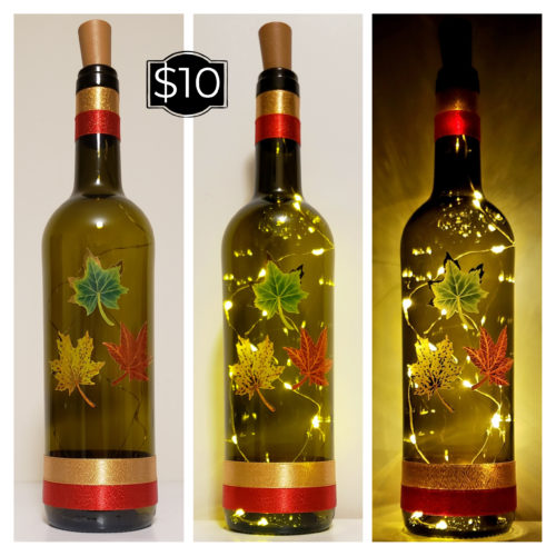 Photo grid of a bottle light with a green, yellow and red leaf with gold touches and accents.