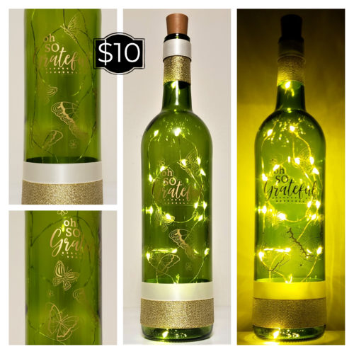 Photo grid of a bottle light with gold outlined butterflies and "Oh so grateful".
