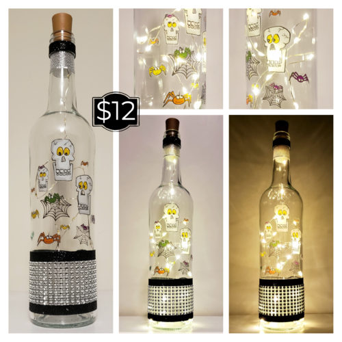 Photo grid of a bottle light featuring three skulls and spiders, with a silver gem wrap around the bottom.