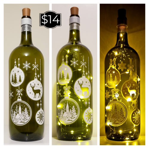Photo grid of a bottle light with two sets of hanging white sparkly ornaments with deer, snowflakes, treeline and more.
