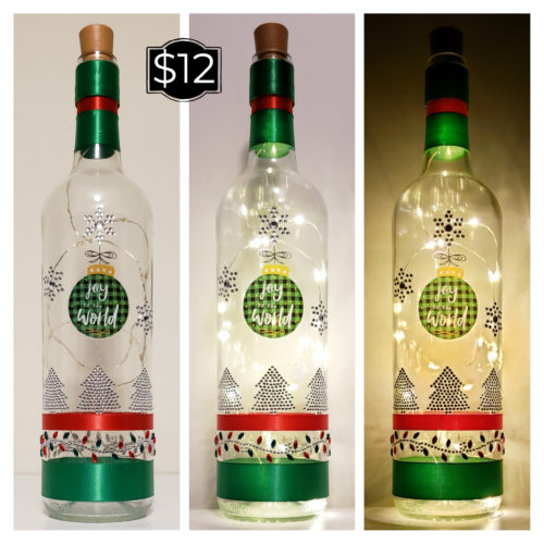 Photo grid of a bottle light with "Joy to the world", jewelled trees and snowflakes, and a Santa and tree.