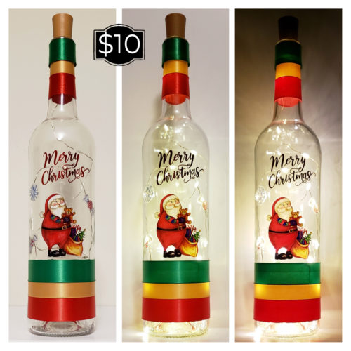Photo grid of a bottle light featuring a Santa with his sack and the words, "Merry Christmas".
