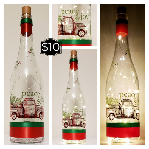 Photo grid of a bottle light featuring a truck carrying a Christmas tree, and the words, "Peace and Joy".