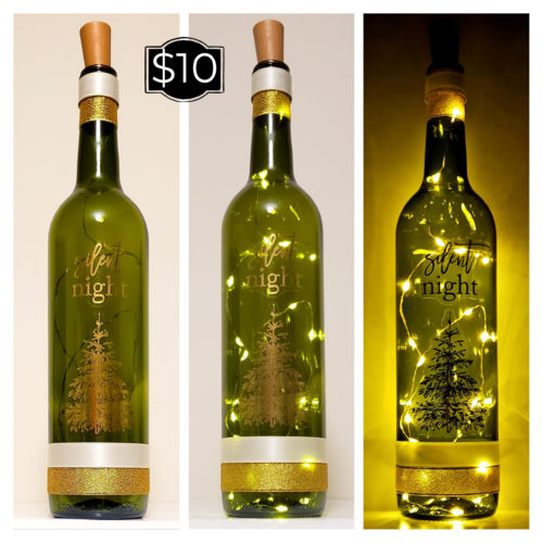 Photo grid of a bottle light featuring a gold tree and the words, "Silent Night".