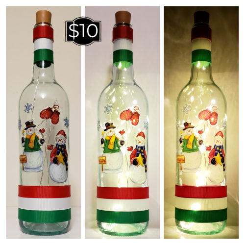 Photo grid of a bottle light featuring two snowmen and mittens.