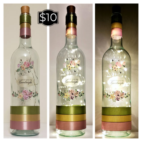 Photo grid of a bottle light featuring two pastel floral arrangements that surround the phrase, "Always kiss me goodnight".