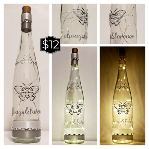 Photo grid of a bottle light featuring a jeweled heart accent, pearl and jewel butterfly, and the words, "Always & Forever".