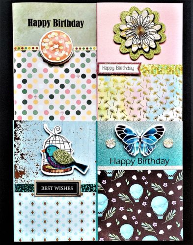 Four pack of adult birthday cards featuring reflective, balloon, and dot prints.