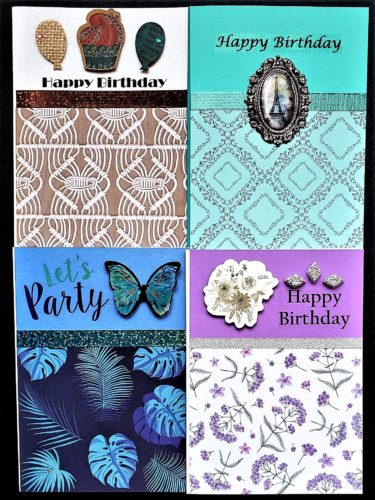 Four pack of adult birthday cards featuring summery, travel, and floral prints.