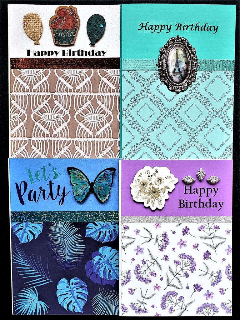 Four pack of adult birthday cards featuring summery, travel, and floral prints.